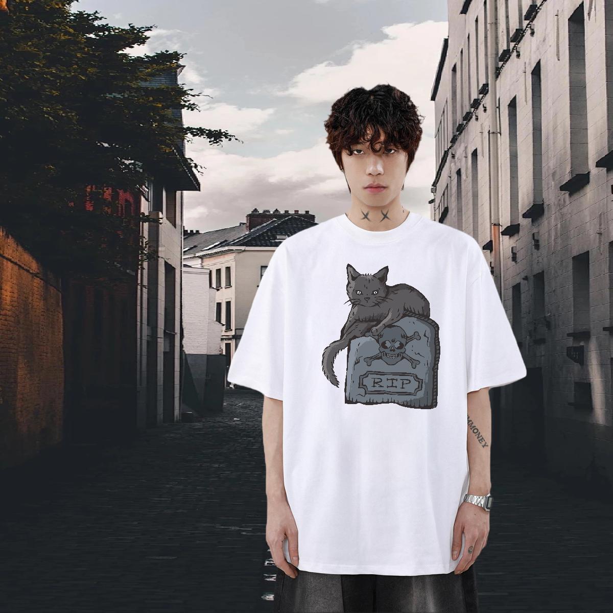 Classic Men Tees 230g 100% Cotton Street wear Hip Hop cat Cartoon Printing L-4XL Pure Cotton 2024 DIY Mens T Shirts Polos