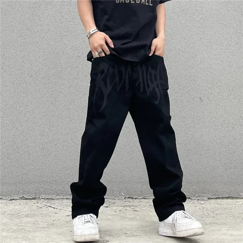Baggy Jeans Mens 2024 Black Streetwear Y2k Clothes Denim Trousers American Retro Embroidery Letter Pants Straight Hip-hop 240806