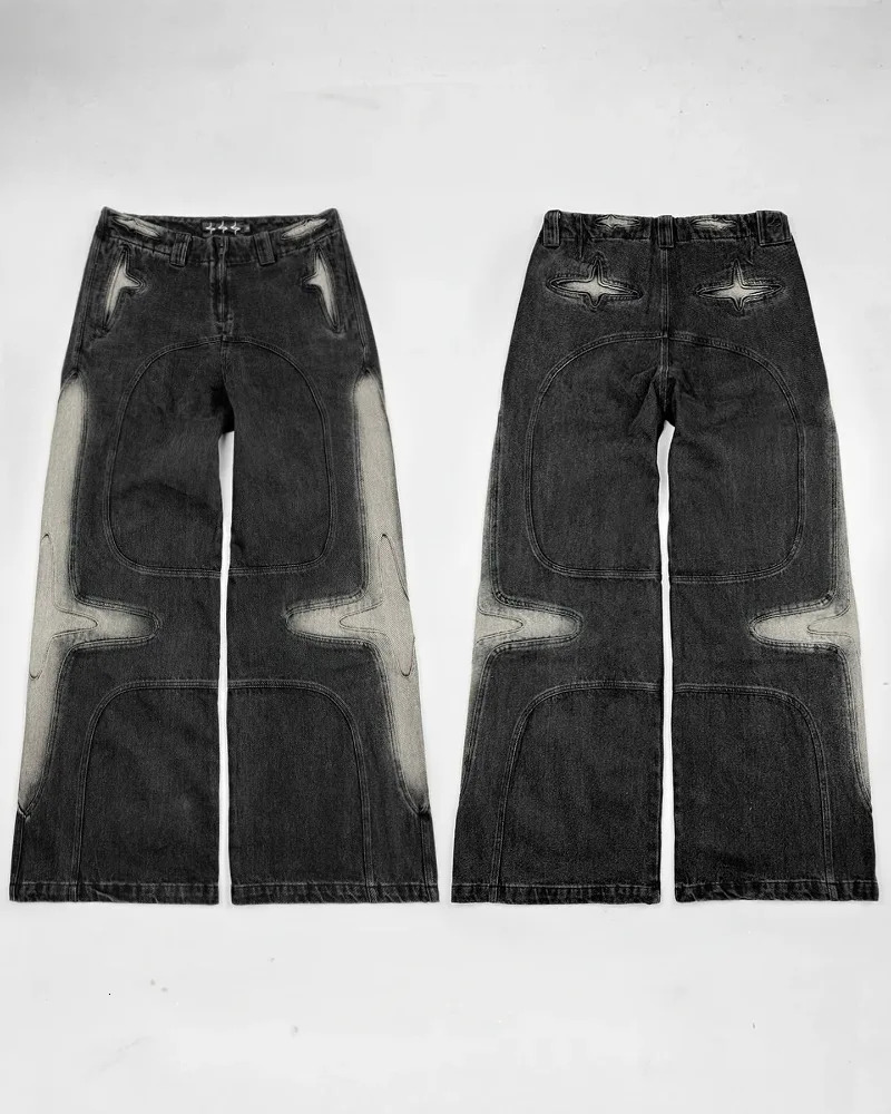 Street retro fashion washed old black pocket jeans for men Y2K Harajuku hiphop pop gothic casual high waist wide leg 240808