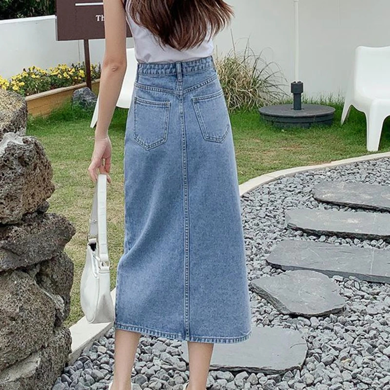 Spring Long Denim Skirt Vintage Women Solid High Waist A-LINE Slim Korean Style Jean Slit Midi Skirt Summer Fashion 240806