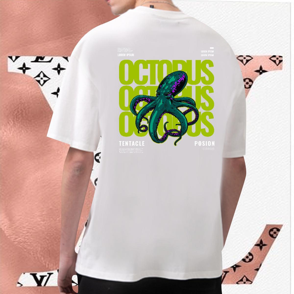 2024 New T-Shirts for Men 100% Cotton 230g octopus Casual Tees Crew Neck Soft Men Tshirts DIY Printed