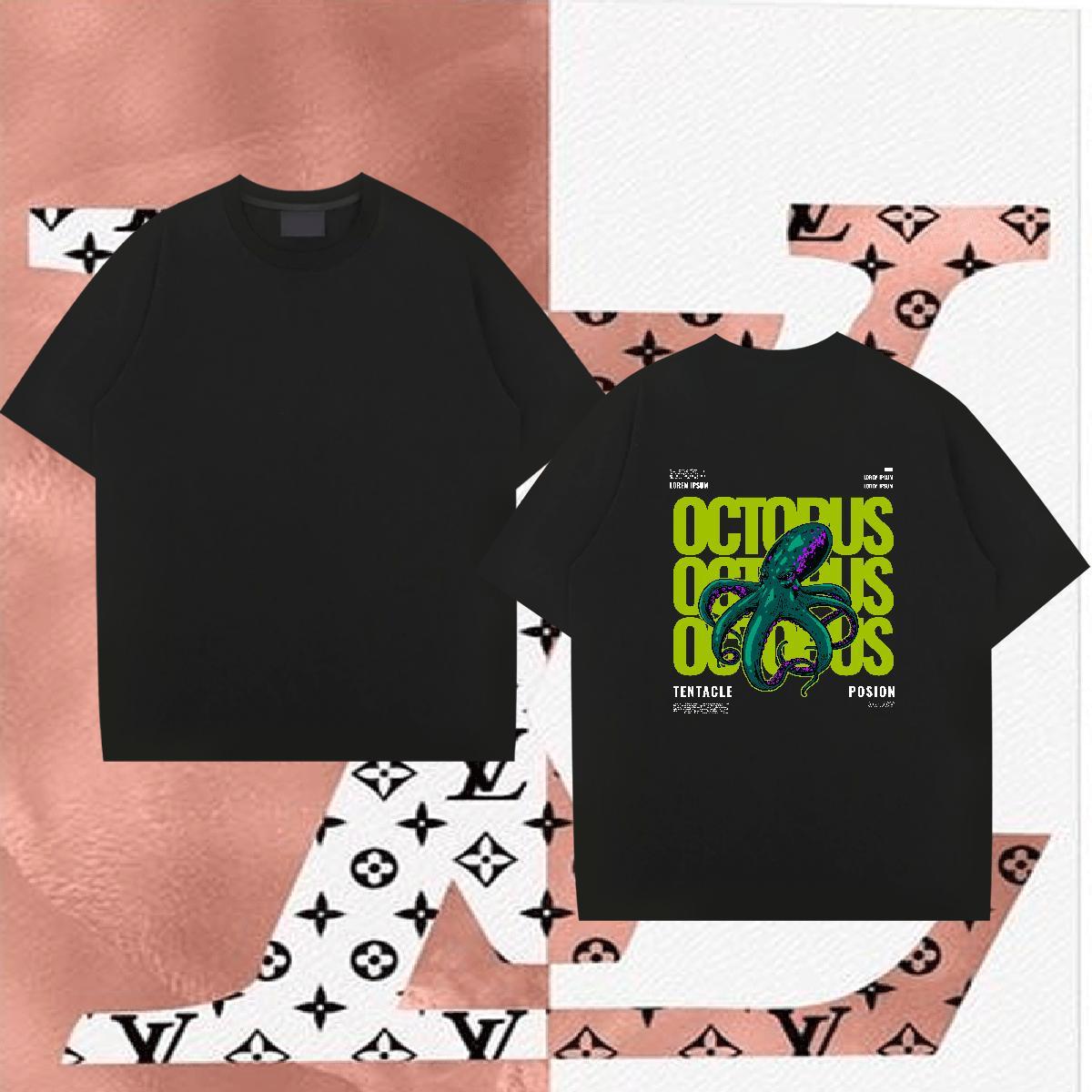 2024 New T-Shirts for Men 100% Cotton 230g octopus Casual Tees Crew Neck Soft Men Tshirts DIY Printed