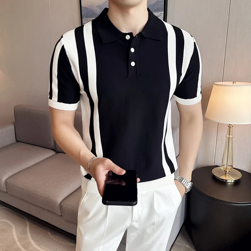 British Style Short Sleeved Polo Shirt Mens Summer Striped Slim Knit Shoulder Strap Business Tshirt 24