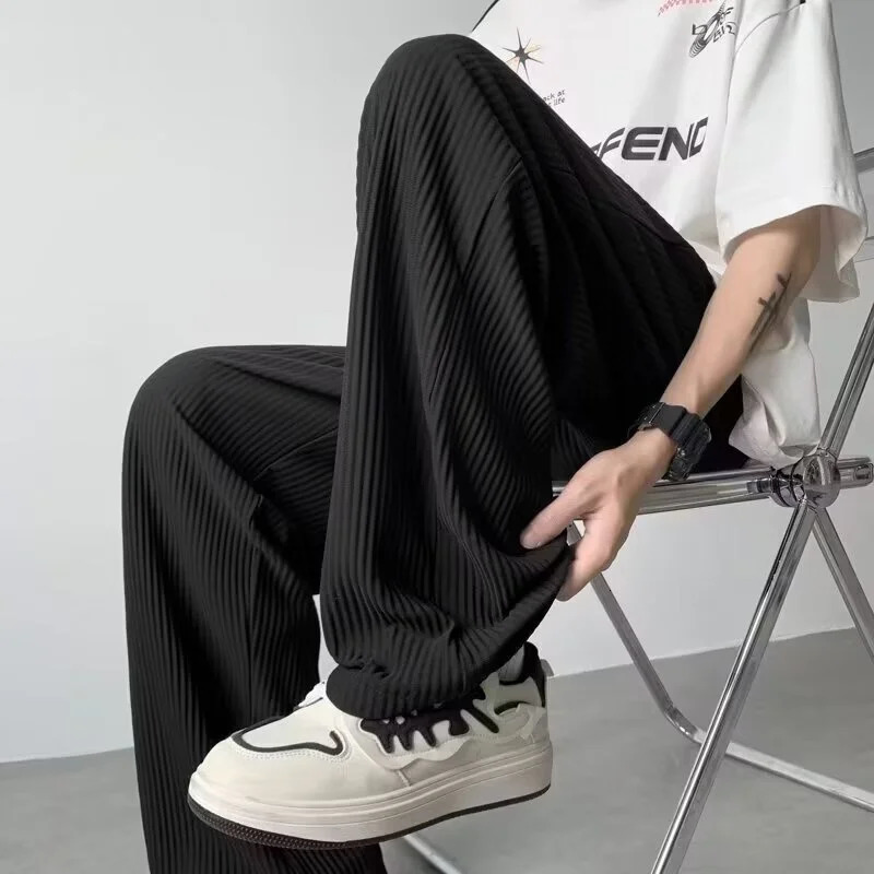 Summer Texture Straight Pants For Men Korean Fashion Baggy Wideleg Trousers Casual Drape Pleated Striped Y2K Pantalones Hombre 240806