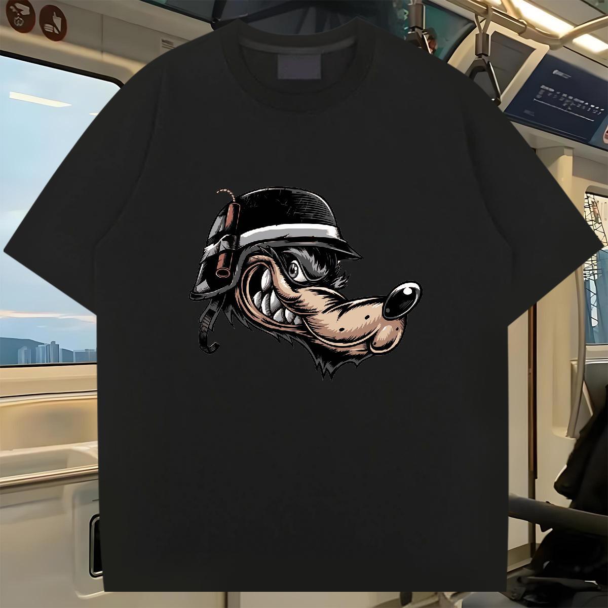 2024 Summer Men T Shirts 230g 100% Cotton wolf High Street Hip Hop Tops Shirt O Neck Short Sleeves Wholesale Tshirts Anime