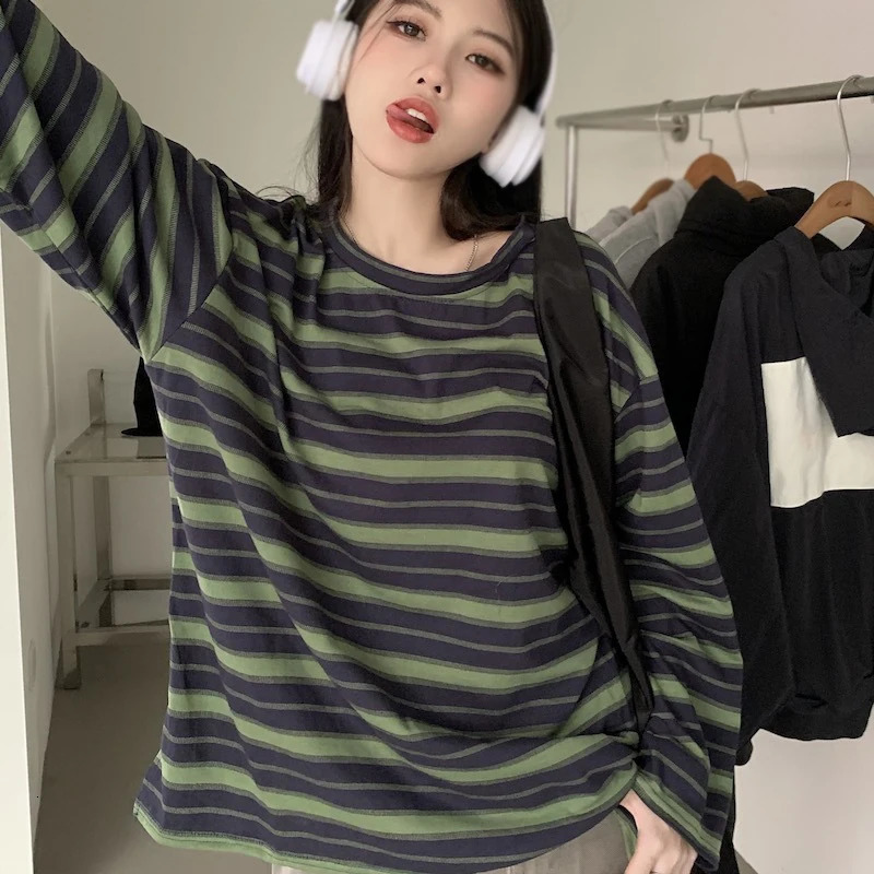 Spring Autumn Women T-shirts Long Sleeves Preppy Style O Neck Fashion Casual Stripe Tops 240806