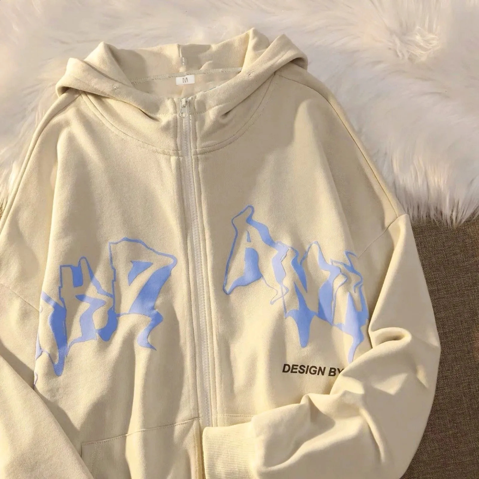 Vintage Zip Up Hoodies Mens Harajuku Casual Letter Print Long Sleeve Loose Hooded Sweatshirts Fashion Streetwear Jackets Coats 240805