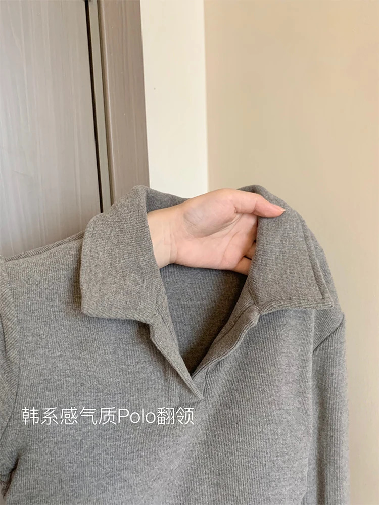 Womens Grey T-shirt Harajuku Korean Y2k T-shirt Top Emo 2000s Retro 90s Retro Long Sleeve Polo Neck T-shirt Clothing 240827