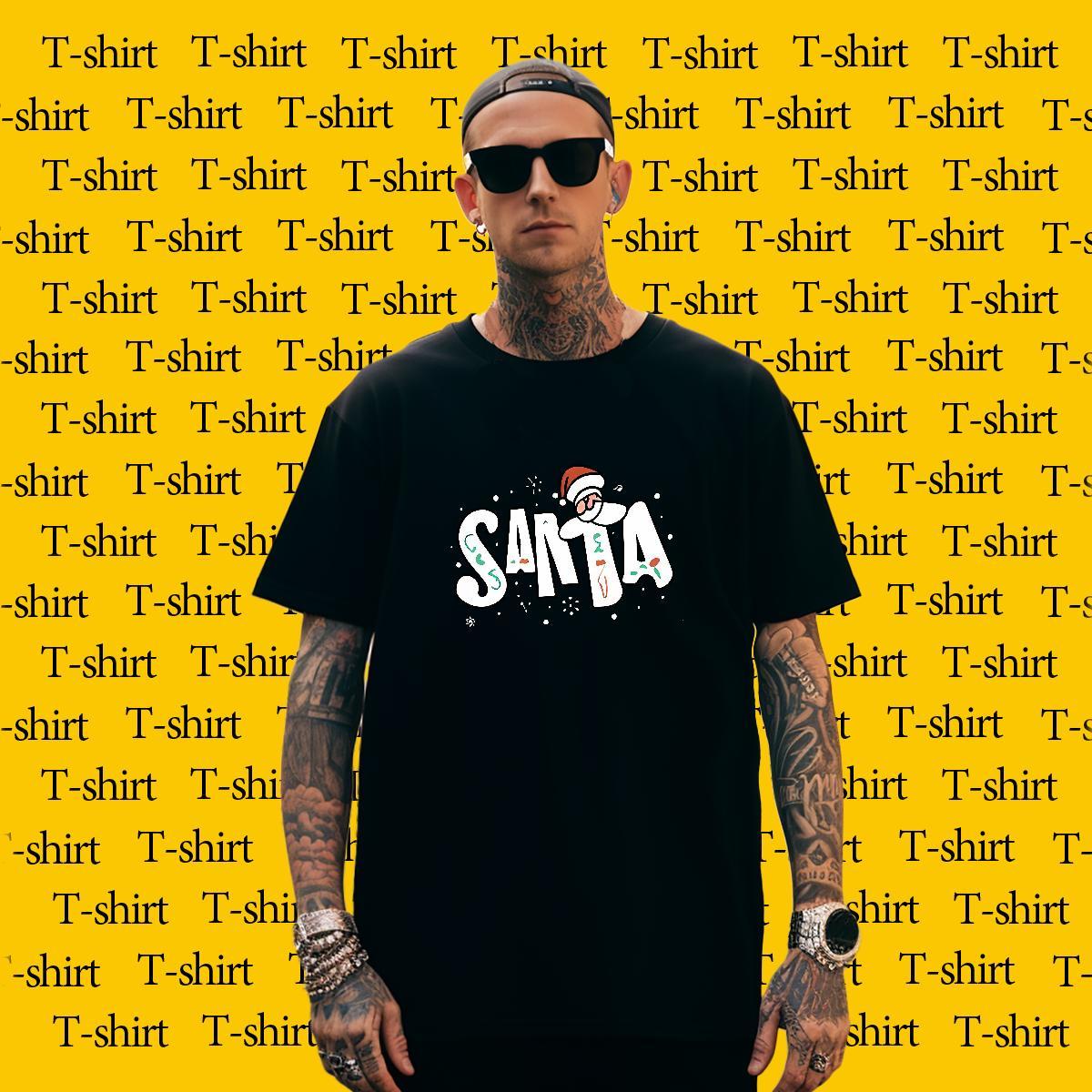 Men T Shirts 100% Cotton 230g Christmas Street Breathable Short Sleeve Oversized Men Tops Tees Wholesale Soft Clothings