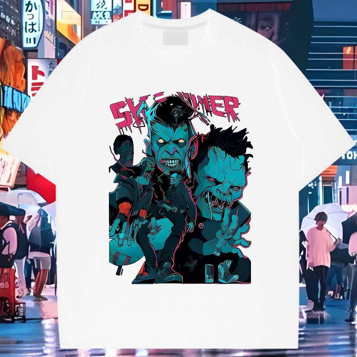 Mens T Shirts 230g Cotton Terror Street Wear O Neck Short Sleeves Cartoon Print Tshirt for Man Woman Classic Casual TOP Quality Tees Shirts