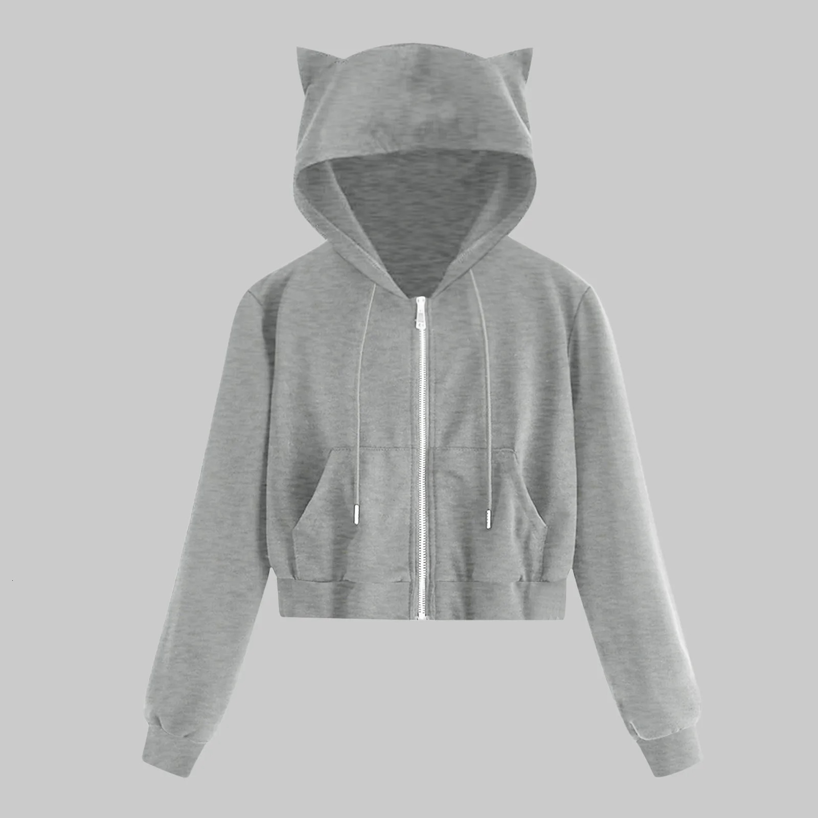 Harajuku Zip Up Cropped Hoodies Tracksuit Sweatshirts For Teen Girls Kawaii Cat Ear Jackets Pocket Drawstring Hoody Sudaderas 240806