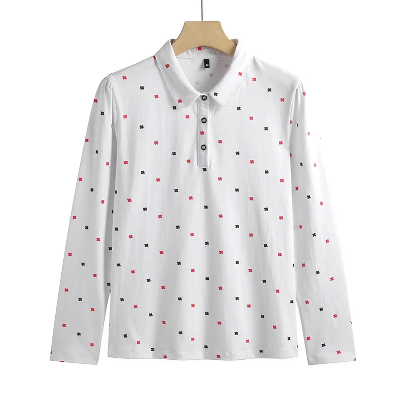 Spring Women Polo Shirts Fashion Printed Female Long Sleeve Turn-down Collar T-shirts Soft Cotton Blouses Ladies Slim Tops 240806