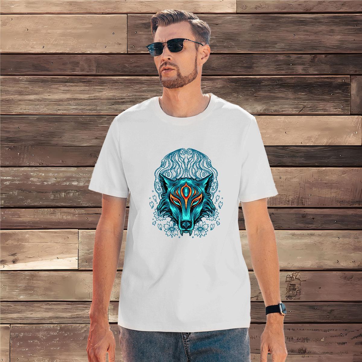 Designer Tshirts 230g Cotton wolf T Shirt For Man Casual Breathable Crew Neck Cartoon Print New Designer Tees Shirts