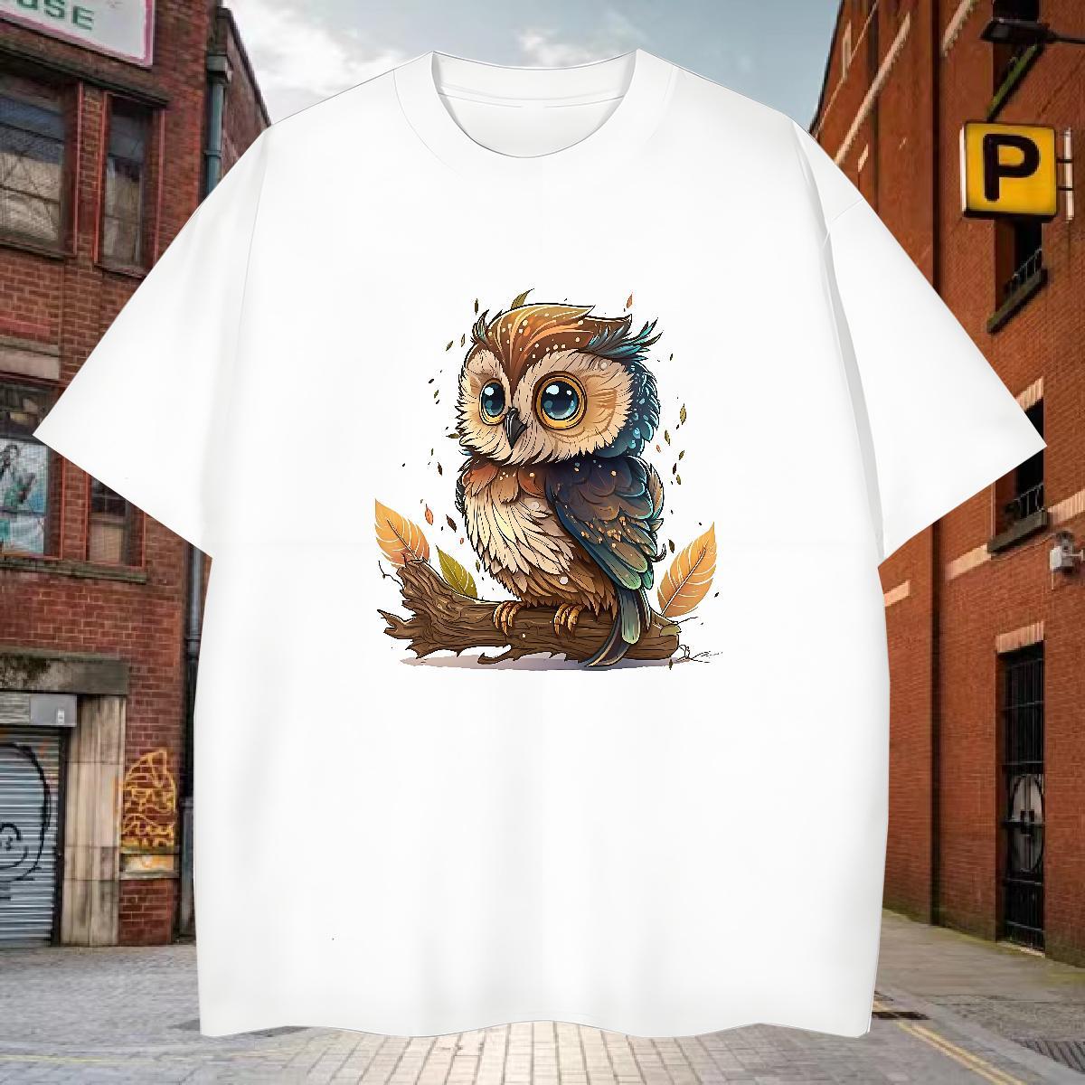 Free Shipping Tshirts 100% Cotton 230g Owl T shirt Street Wear Round Neck Short Sleeve Graphic Classic Tops
