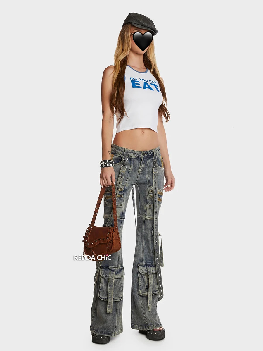 ReddaChic Low Waist Cargo Pockets Flare Jeans Women Detachable Belt Vintage Blue Distressed Bootcut Pants Grunge Y2k Streetwear 240806