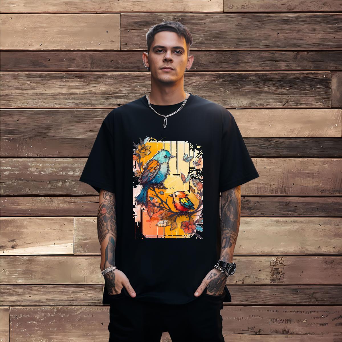 T Shirts Men 100% Cotton 230g bird Street Casual O-Neck Short Sleeve Custom Big Size Tshirts Classic Cool Design Clothings