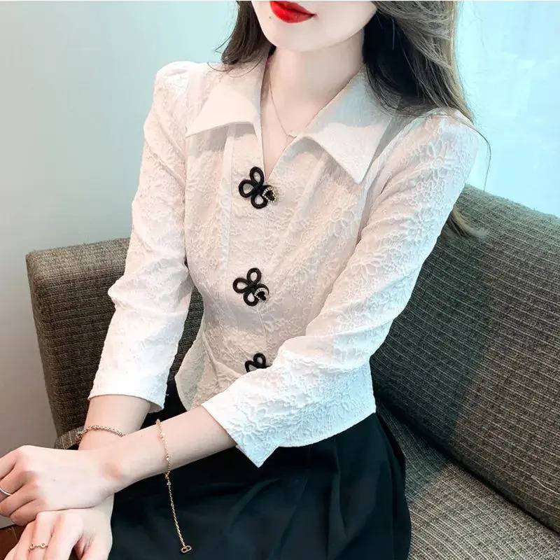 Office Lady Peter Pan Collar Solid Color Pullover Womens Long Sleeve Rivet T-shirt Elegant Spring Autumn Flattering Tops 240806