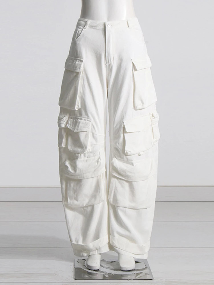 VGH White Loose Patchwork Pockets Trousers For Women High Waist Spliced Zipper Minimalist Casual Cargo Pants Female Fashion 240806