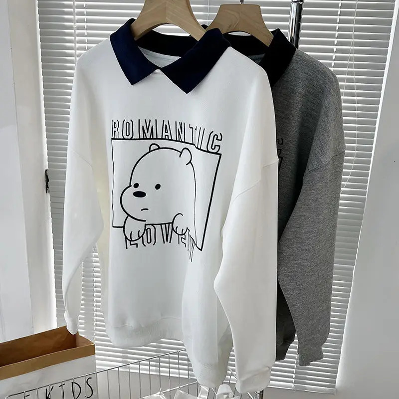 Polo Collar Hoodies Lovely Gray Bear Pattern Women Sweatshirt Autumn Vintage Female Hoodies Casual Long Sleeve Oversized Tops 240806