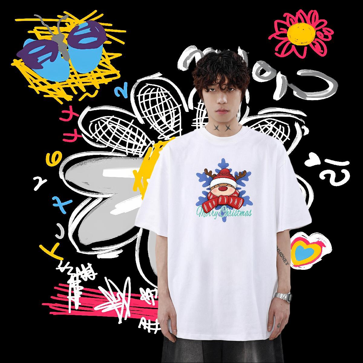 Fashion Designer T shirt 230g 100% Cotton Christmas Sports Casual Tops Breathable Crew Neck Loose Fit Couples T Shirts Cartoon Print