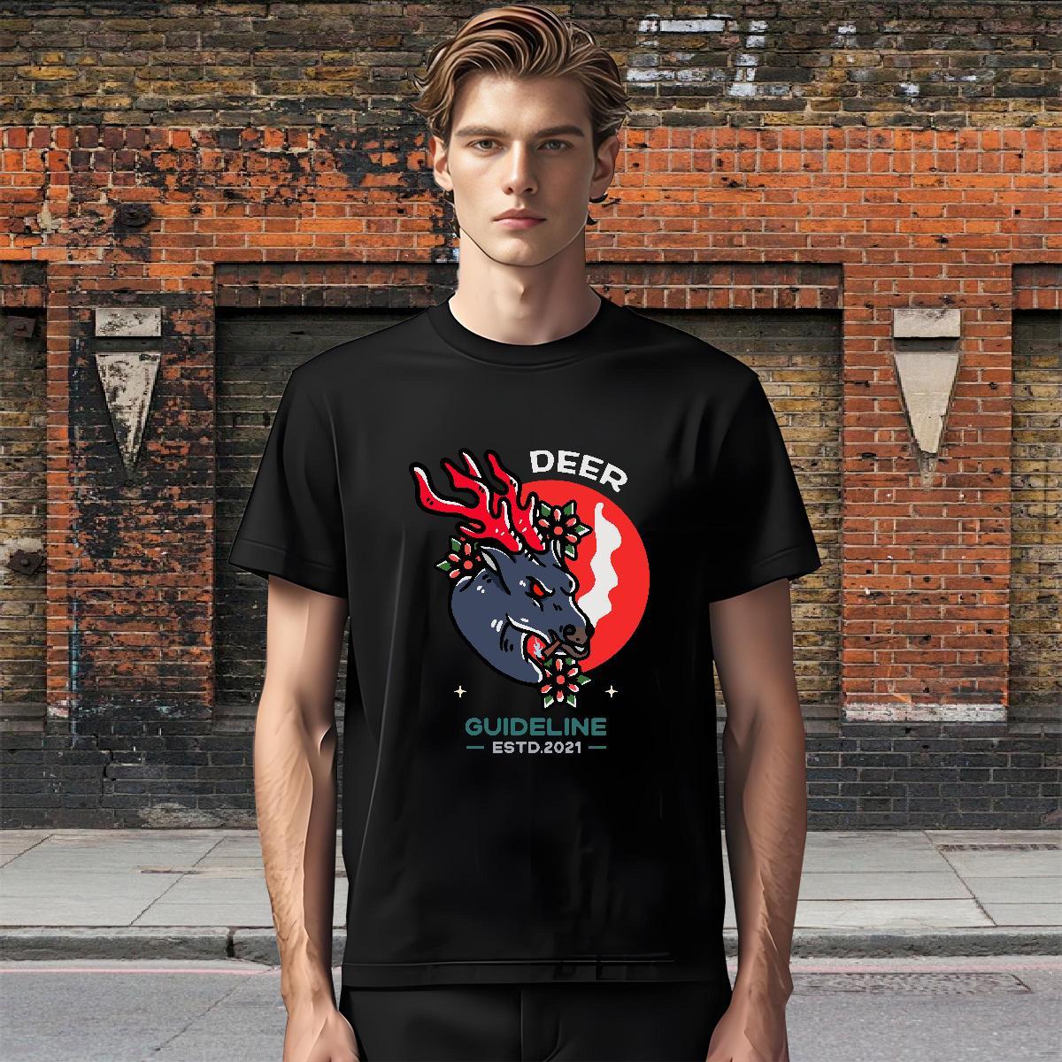 New T Shirts Men 230g Cotton Deer Hip Hop Tee Shirt Short Sleeve O-Neck Popular Men Clothes T-Shirt DIY