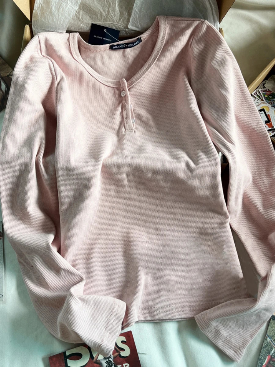 Three Buttons Ribbed Long Sleeve T-shirts Women Autumn Soft Cotton O-Neck Vintage Top Female Sweet Cute Pink Y2k Streetwear Tees 240806
