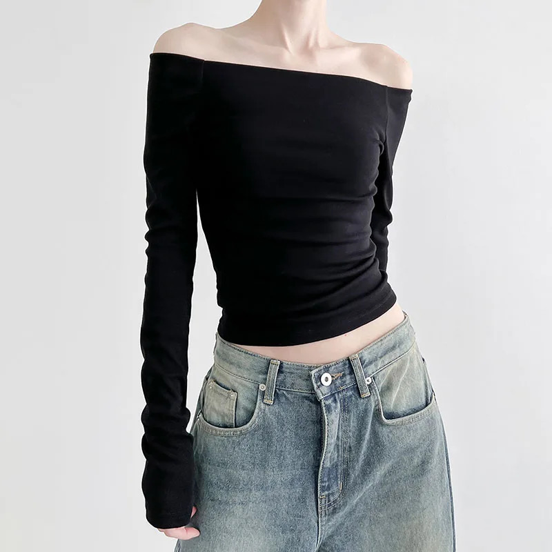 CIBBAR Solid Slash Neck Crop Top Women Off Shoulder Long Sleeve Skinny T-shirt Harajuku y2k Femme Clothing Autumn Casual Shirts 240806