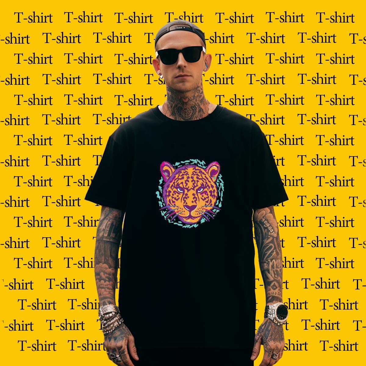 Unisex Men Clothes T-Shirt 230g Pure Cotton leopard T-Shirts Daily Wear Breathable Short Sleeve Black Oversized Customized Tops