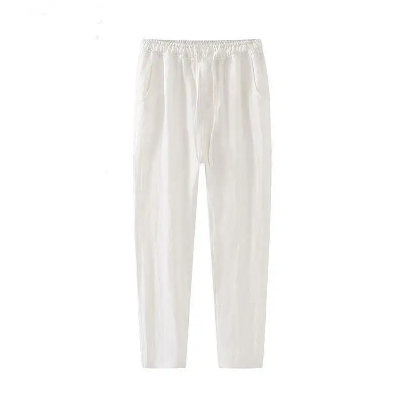Mens summer streetwear breathable cotton linen ankle length pants mens simple casual solid loose Trouser Y2K pocket Pantalones240806