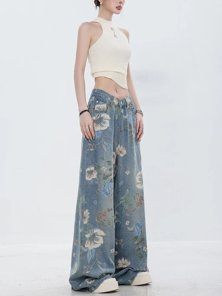 Fashion Printed Jeans Retro Floral Denim Mopping Trousers Korean Style High Street Loose Hip Hop Wide-leg Jean Pants 240806