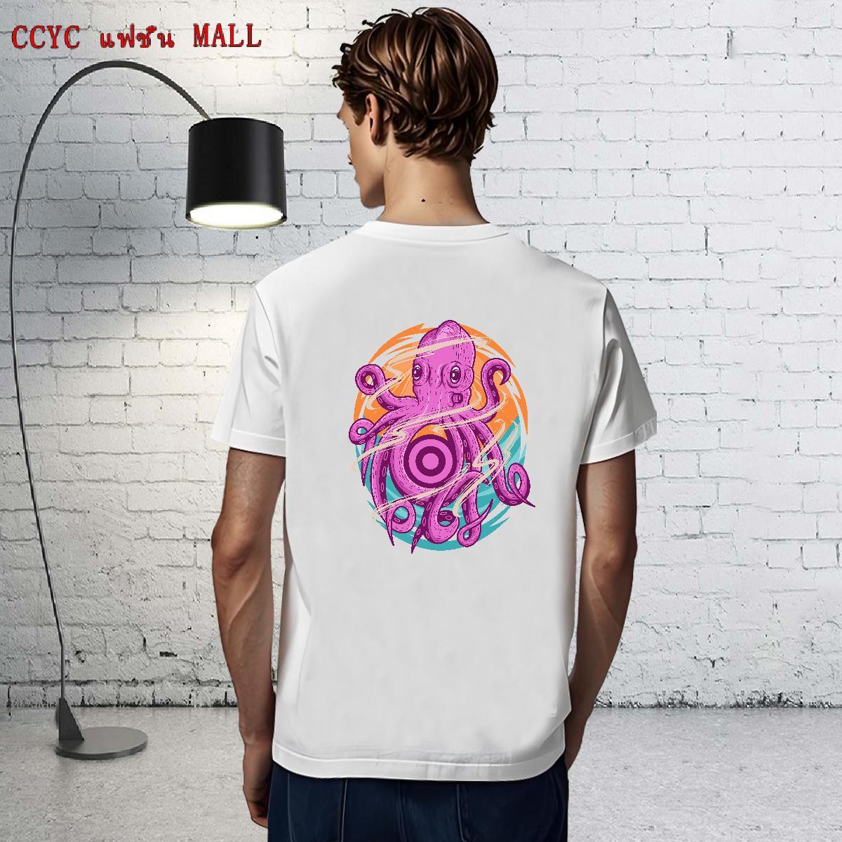Cool Men Clothes T-Shirt 230g 100% Cotton Street octopus Floral Print O Neck Short Sleeves 2024 Man T Shirts Tops Shirt