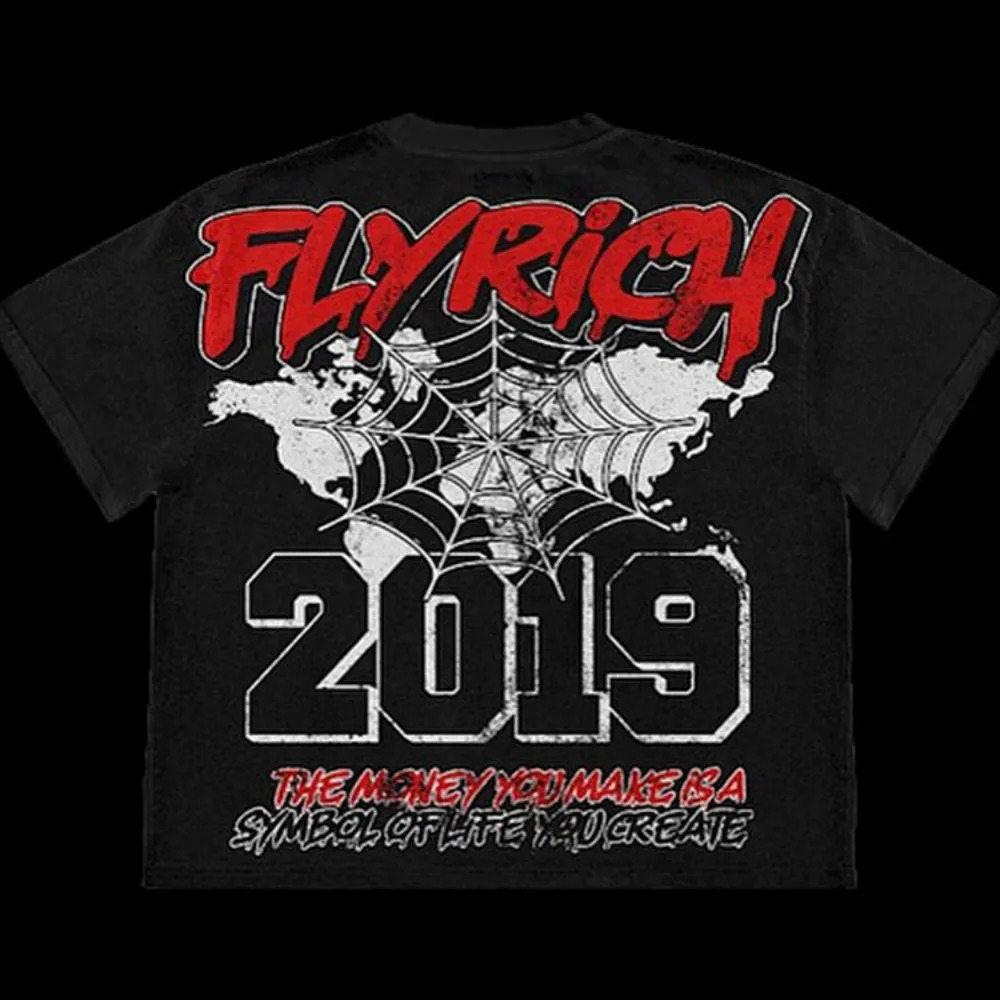 Y2K Vintage FlyRich World Graphic Print 100% Cotton T-Shirt Men Short Sleeves Vintage Oversize Tshirt Streetwear Women Tops
