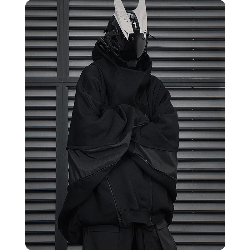 Neutral high street spring functional style irregular zipper hooded sweatshirt loose patch work bat top mens sportswear 240806