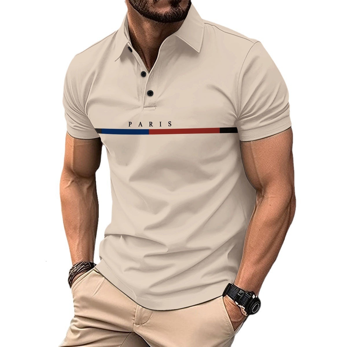 2024 Summer Men's Striped French Block Button Polo Sports Top