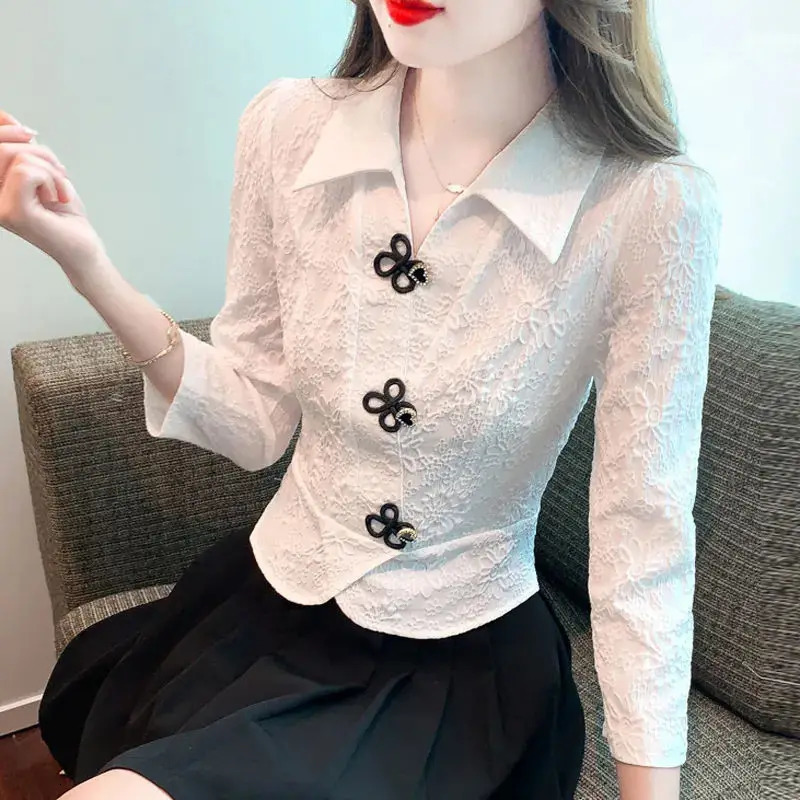 Office Lady Peter Pan Collar Solid Color Pullover Womens Long Sleeve Rivet T-shirt Elegant Spring Autumn Flattering Tops 240806