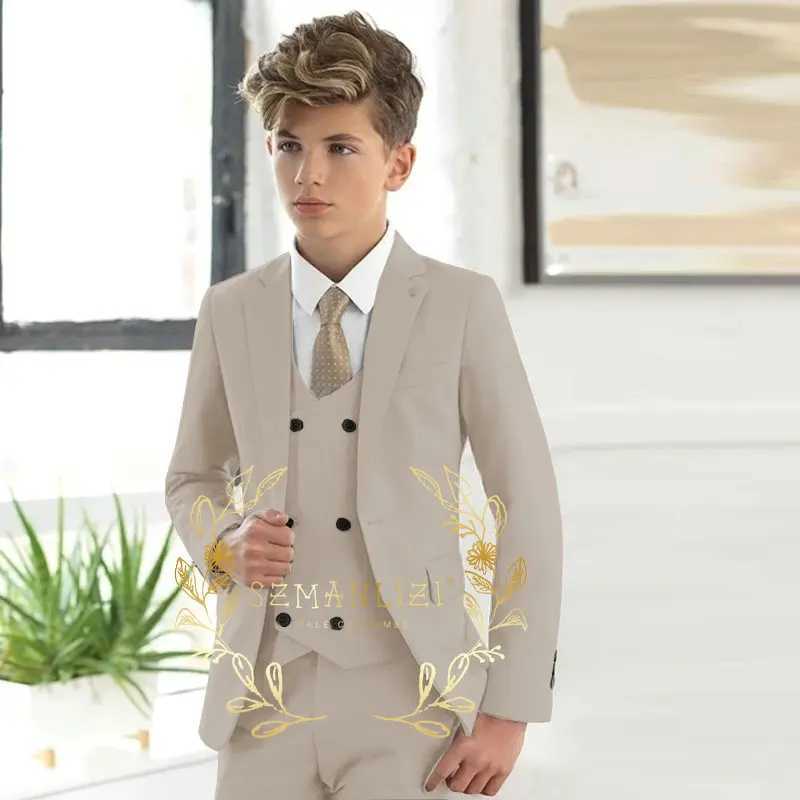 Suits Handsome Beige Boys Kids Suits Wedding Tuxedo Formal Jacket Vest Pants 3 Piece Set 3-16 Custom Sizes Clothes Child Blazer