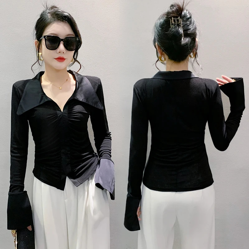 MadBlack European Clothes Tshirt Women Turn Down Collar Patchwork Slim Tops Long Flare Sleeve Tees Autumn Spring T30404JM 240806