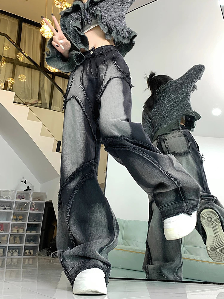 Retro Y2K Casual Ripped Dark Grey Jeans Baggy Women High Waist Wide Leg Trousers Harajuku Washed Denim Cargo Pants Fashion 240806
