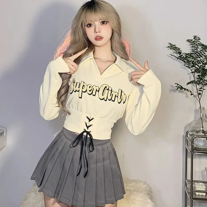 Sweet Short Lace T-shirt Spring/Summer Style Polo Neck Long Sleeve Solid Letter Printing Trend Top T-shirt Fashion Y2K Womens Wear 240827