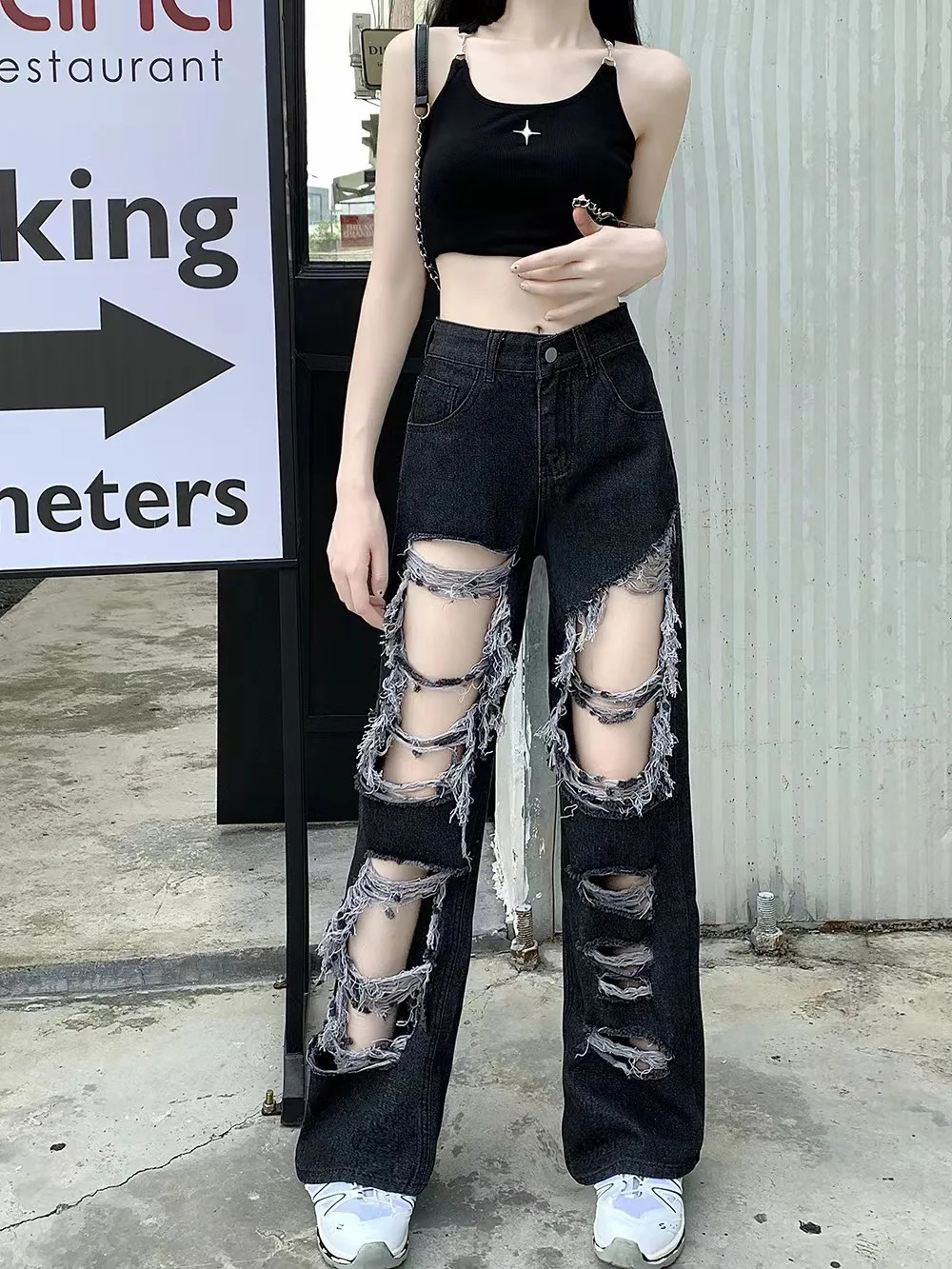Y2k Broken Hole Jeans All-Match Distressed Women High Street Hip Hop High Waist Straight Loose Trousers Washed Mopping Pants 240806