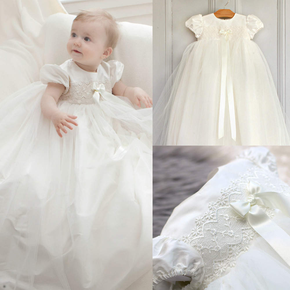 Princess First Communion Gown For Baby O Neck Tulle Christening Dresses For Newborns Short Sleeve Appliques Bow Kid Formal Wear Baptism Dress