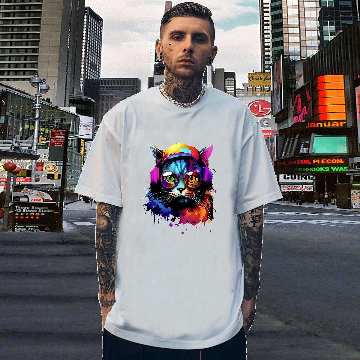 T Shirt For Man 100% Cotton 230g colorful cat Spring Summer Breathable Crew Neck Oversized 3XL 4XL Men Tshirts Customized Free Shipping Wear