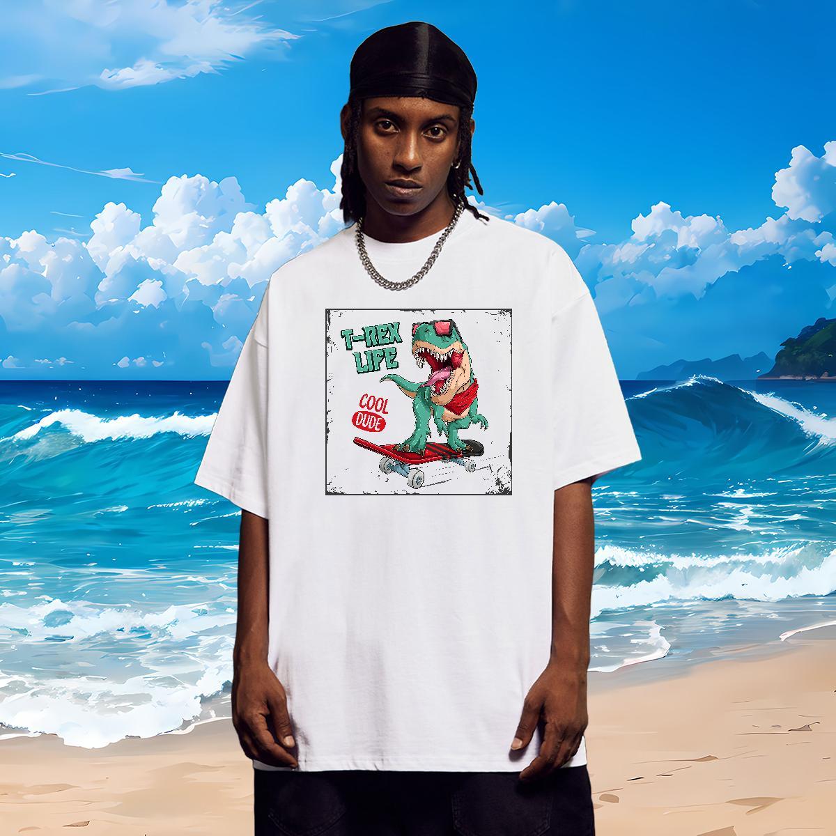 New Arrival T Shirts Men 230g Pure Cotton dinosaur Street Wear Polos Breathable Crew Neck Soft Men Tops Tees Custom Print Oversized