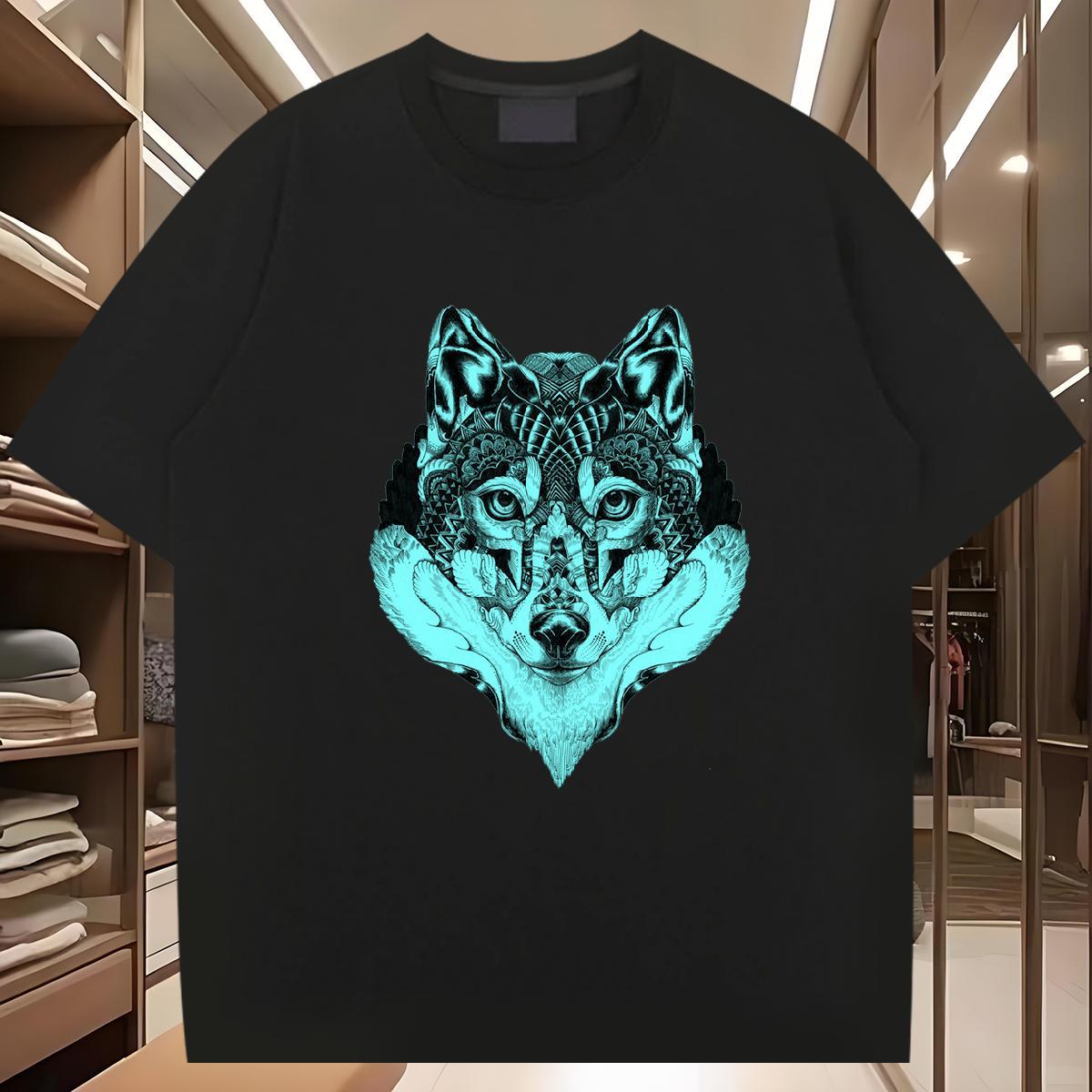 New T Shirt For Man 230g 100% Cotton wolf Home Outdoor Clothes Breathable Loose Men Clothes T-Shirt Cartoon Print