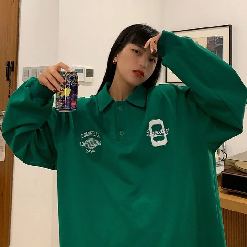 Vintage Embroidery Polo Collar Hoodies Oversized Women Sweatshirt Autumn Trendy Hoodie Harajuku Long Sleeve Shirt Teens 240806