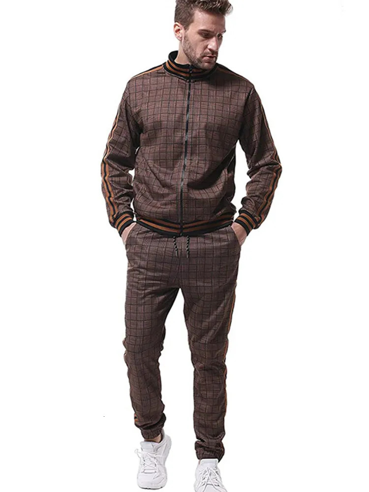 American Mens suits autumn leisure fiess sportswear long-sleeved zip-up large-size grid clothing 240806