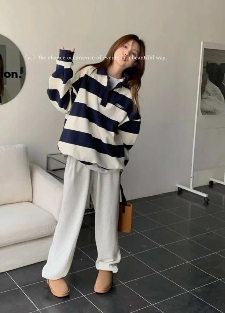 Harajuku Striped Sweatshirt Women Korean Style Preppy Pullover Female Fashion Polo Sweatshirt Ladies Casual Long Sleeve Top 240806