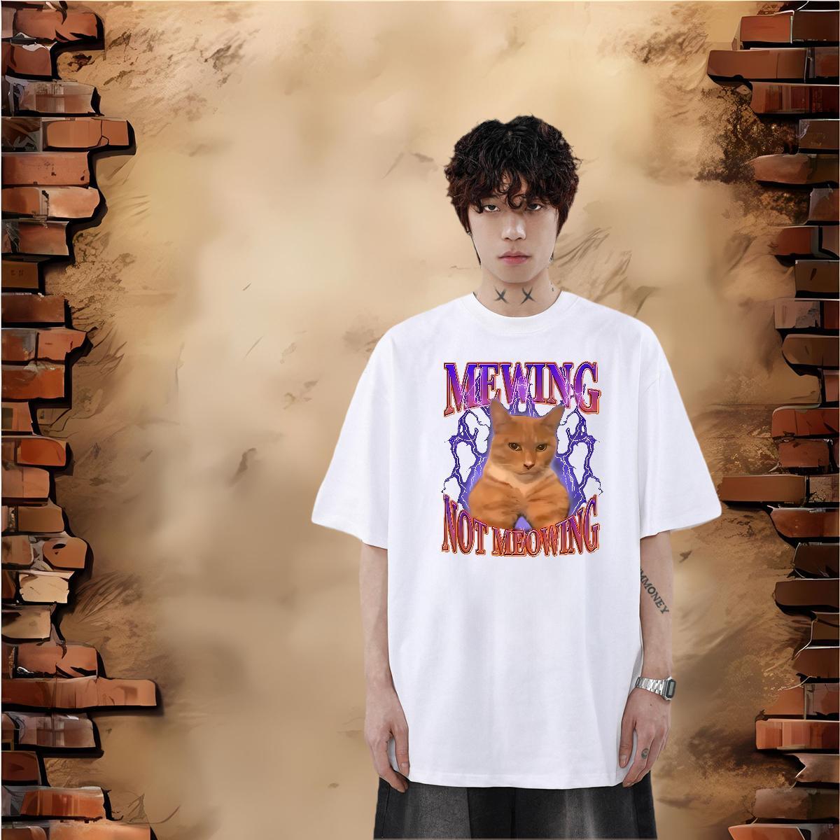 New T-Shirts 100% Cotton 230g cat High Street Hip Hop Tops Breathable Comfortable Tshirts Cartoon Print