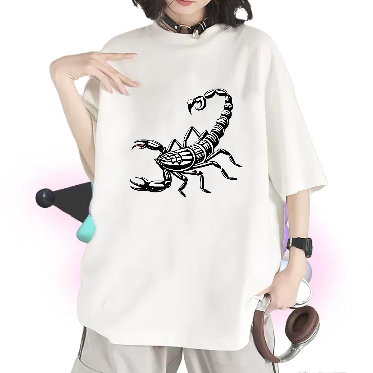 Female T shirt Breathable Short Sleeve Women Tees Cartoon Floral Printing scorpion Casual Beach 230g Pure Cotton 2024 Tops Shirt