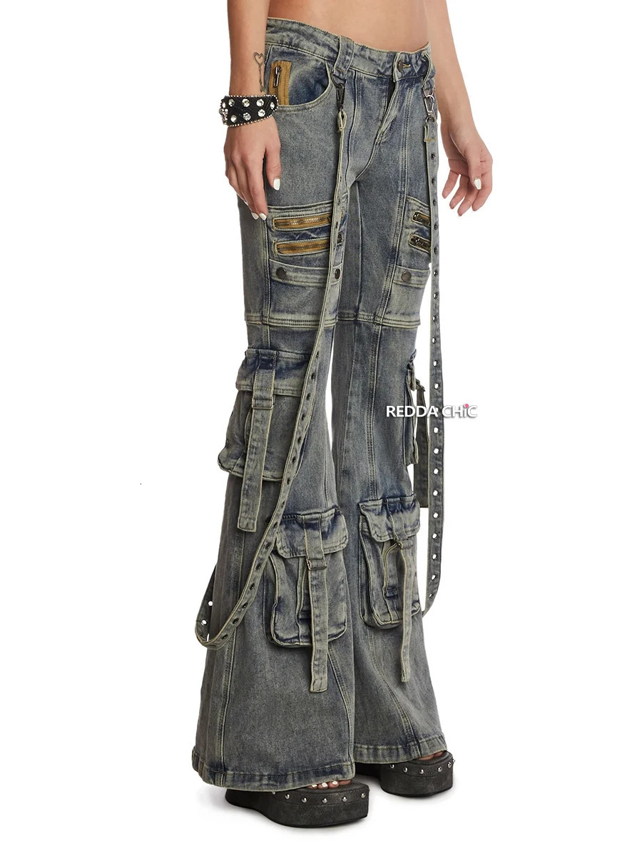 ReddaChic Low Waist Cargo Pockets Flare Jeans Women Detachable Belt Vintage Blue Distressed Bootcut Pants Grunge Y2k Streetwear 240806